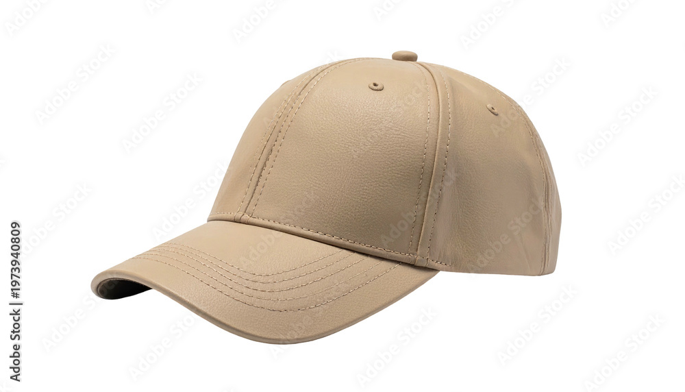 Fototapeta premium A tan, stitched, baseball-style cap with a curved visor, isolated on black