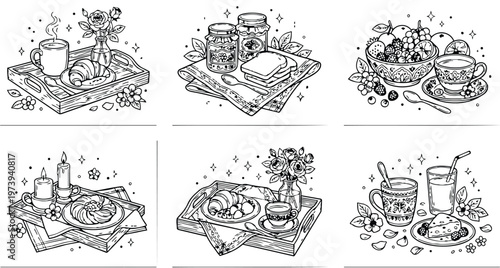 Black and white line art collection of six detailed breakfast scenes with cups plates flowers trays candles fruit bowls and pastries for coloring book pages
