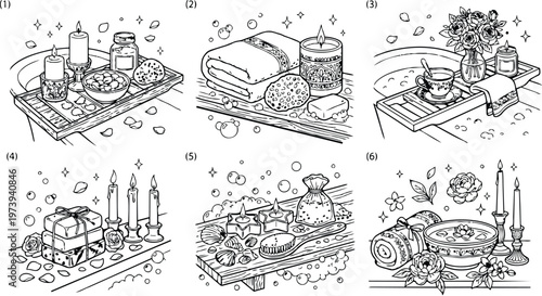 Intricate coloring book page featuring spa and relaxation items including candles soap towel flowers bathtub with tea cup and rose petals detailed line art illustration