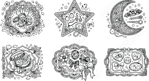 Detailed black and white coloring book pages with ornamental jewelry designs including rings in shell rose flower star crescent moon floral bows pearls and decorative frames with intricate patterns