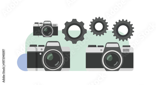 A collection of three cameras and three gears of varying sizes and designs, set against a simple, multi-colored background shape.