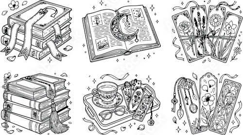 Intricate black and white line art coloring book page with detailed stacks of vintage books ornate bookmarks and a mystical open book featuring moon and stars decorative floral elements