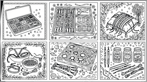 Intricate vintage style adult coloring book page with detailed jewelry making supplies including beads spools scissors bracelets cushion in decorative floral borders