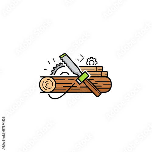 Hand saw cutting through a log in flat style