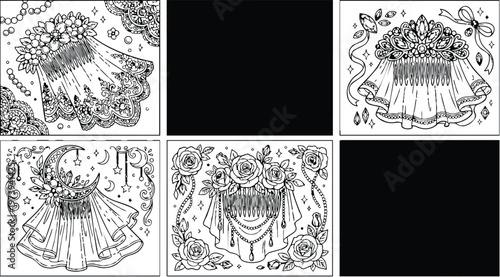 Intricate floral comb designs with lace veils and decorative ribbons detailed in six coloring book pages featuring elegant ornamental patterns and delicate jewelry accents in black line art