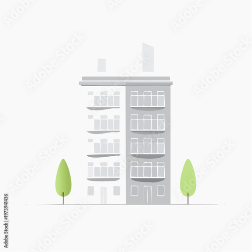 Modern residential building with balconies and trees on a minimalist background