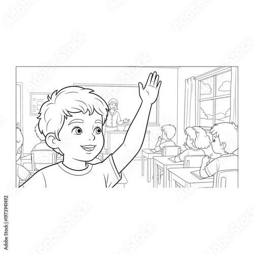 School boy raising hand in classroom line art