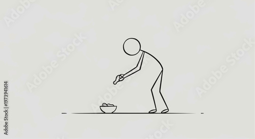 Simple stick figure character putting coins in a bowl. Symbolizing donation and charity