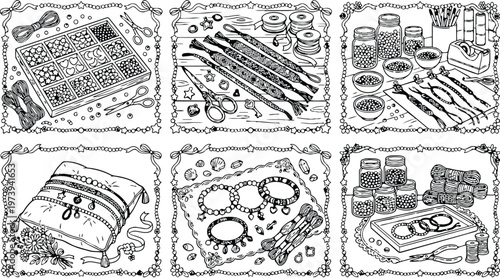 Black and white coloring book page detailed hand drawn bracelet making supplies with scissors needle thread beads charms and crafting tools arranged neatly in decorative borders