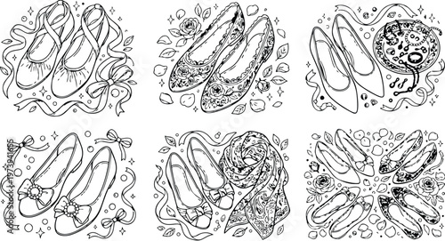 Intricate coloring book page with detailed ballet flats ribbons jewelry decorative elements and floral patterns arranged in elegant flat design black and white line art style