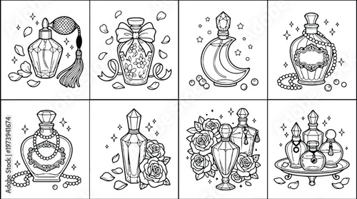 Black and white line art coloring book page set featuring vintage elegant perfume bottles with floral patterns and decorative ribbons arranged with petals and beads in artistic composition
