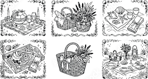 Detailed coloring book page collection with picnic baskets bread grapes and flowers vintage style decorative borders and picnic scenes featuring tableware candles fruits and seashell arrangements