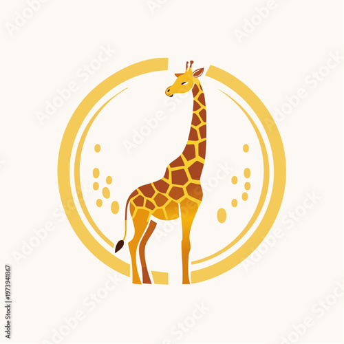 A stylized illustration of a giraffe standing within a circular frame with decorative dots