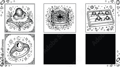Intricate coloring book page with detailed ornate rings floral decorative elements diamonds gemstones and stars in elegant vector line art style for adults
