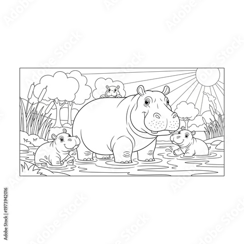 Coloring page featuring hippopotamus family in river