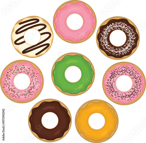 Donut pattern with various flavors matcha, vanilla, chocolate and other for background