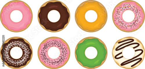 Donut pattern with various flavors matcha, vanilla, chocolate and other for background