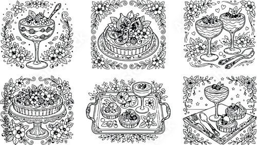 Intricate coloring book vector art featuring detailed desserts with fruit toppings elegant floral frames and decorative spoons in black and white line style for creative relaxation