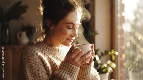 Woman Enjoying Hot Coffee in Morning Light