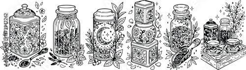 Intricate coloring book page featuring various decorative jars and containers with floral patterns arranged alongside tea cups on a wooden tray detailed with leaves and botanical elements