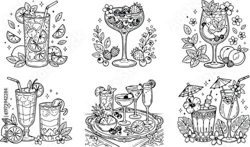Black and white line art vector set of six detailed cocktail glasses with fruits ice cubes and decorative leaves arranged for tropical and refreshing summer drinks coloring book
