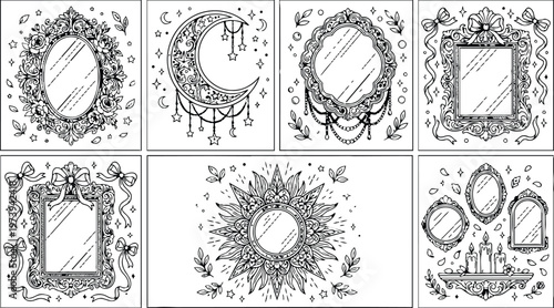 Intricate coloring book page set featuring ornate vintage mirrors crescent moon with stars floral decorations and elegant ribbons in line art style for creative relaxation