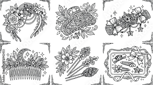 Intricate floral crown clip hairpin comb detailed ornamental accessories for coloring book page with elegant decorative style and creative design lines