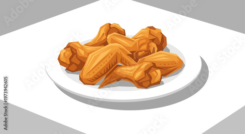 Vector illustration of fried chicken wings served on a white plate in an isometric view.