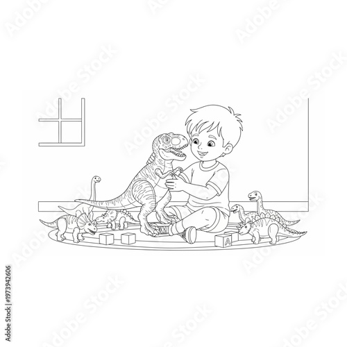 Child playing with dinosaur toys coloring page