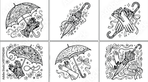 Elegant coloring book page with vintage lace gloves and decorated umbrella intricate floral patterns bows and pearls classic feminine accessories in detailed line art style