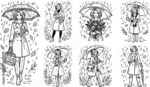Black and white line art vector set of woman in trench coat holding umbrella walking standing with handbag bouquet hot drink autumn leaves falling elegant fashion coloring book pages