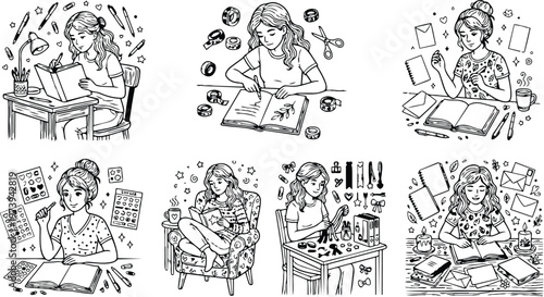 Black and white line art collection of girls creating crafts studying and journaling with cups notebooks pencils and decorative elements for coloring book pages set