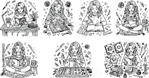Hand drawn black and white line art of woman doing various creative hobbies including writing drawing crafting scrapbooking reading meditation and journaling detailed coloring book page set