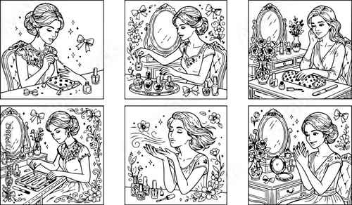 Elegant vintage style woman doing manicure applying nail polish sitting at vanity table with flowers butterflies and mirror in coloring book page set detailed delicate line art