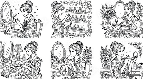 Black and white line art coloring book page set with woman applying nail polish using mirror and floral decoration in beauty routine scenes with elegant detail and relaxing mood
