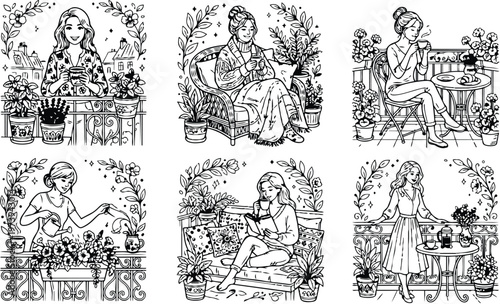 Hand drawn coloring book page set showing six women in peaceful garden scenes drinking coffee tea watering flowers reading book and relaxing on balcony and patio outline vector art illustrations