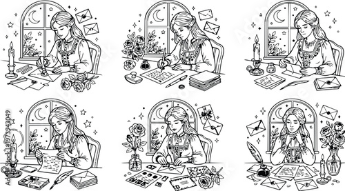 Vintage coloring book pages young woman writing letters at candlelit desk with roses envelopes moon window black and white line art illustrations set for creative hobby