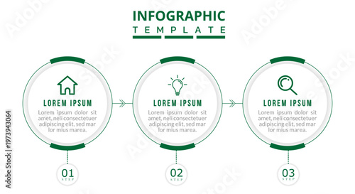 Modern Circular 3-Step Process Infographic, Clean Workflow Timeline Design, Minimal Flat Diagram with Arrow Flow Elements