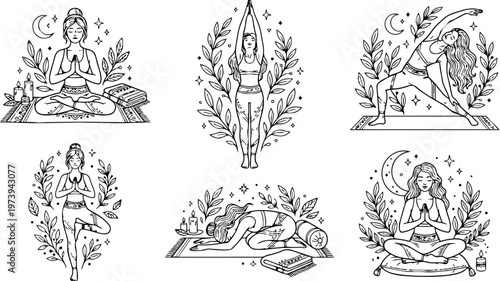 Black and white line art yoga poses for womens coloring book with meditation and stretching exercises surrounded by leaves candles and moon illustration set
