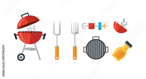 A vector set illustrating barbecue essentials including a red grill, forks, a kebab skewer, a metal grate, a steaming bowl, and a sauce bottle.