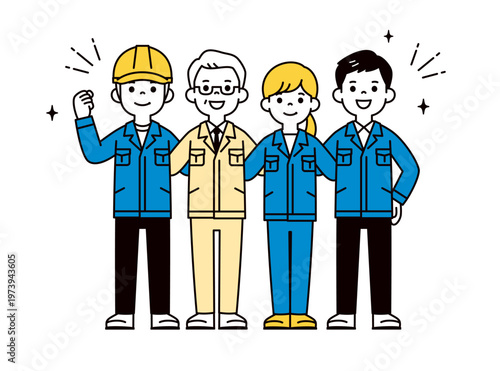 チームで元気に肩を組む、作業服を着た複数のビジネスパーソンの全身ベクターイラスト素材