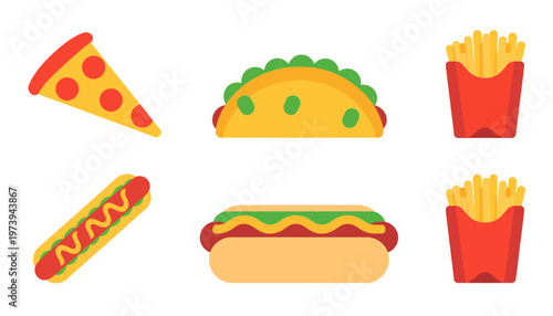 hand drawn vector illustration of a pizza and foods