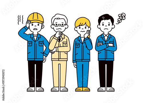 困った表情・ポーズの、社長と工場で働く男性社員・女性社員の全身ベクターイラスト素材セット