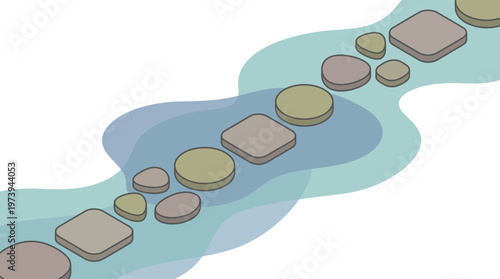 Abstract geometric stepping stones crossing a flowing blue water path, symbolizing progress and journey.