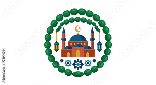Ramadan mosque emblem enclosed by green prayer beads with hanging lanterns and a crescent moon turns a simple shrine silhouette into a warm symbol of faith celebration and devotion