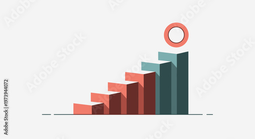 Isometric bar chart representing upward growth and financial success with a goal marker