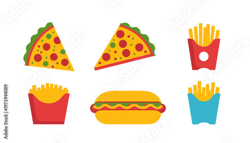 hand drawn vector illustration of a pizza and foods