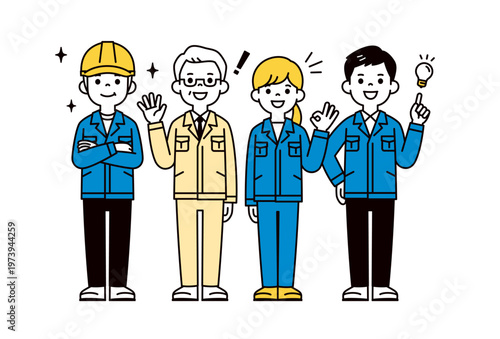 ポジティブな表情・ポーズの、建築業・建設業で働く従業員の全身ベクターイラスト素材セット