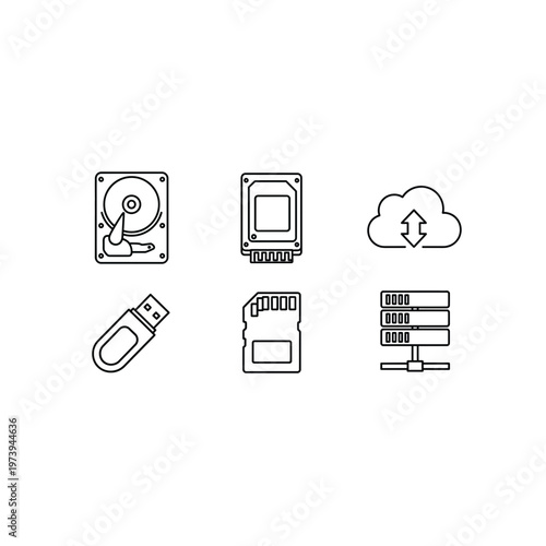 Digital data storage and computing icon set
