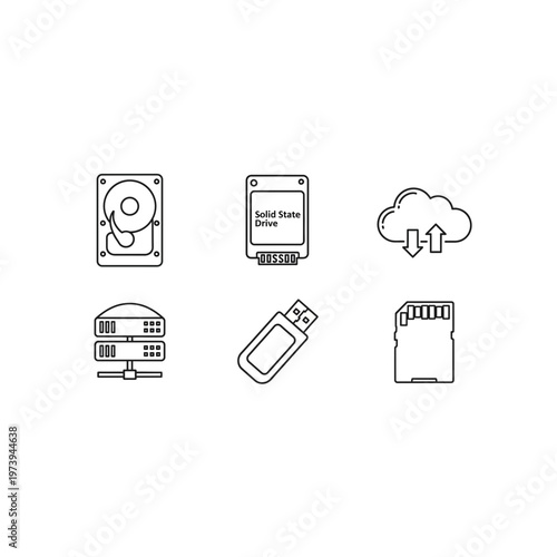 Digital storage and cloud computing thin line icons